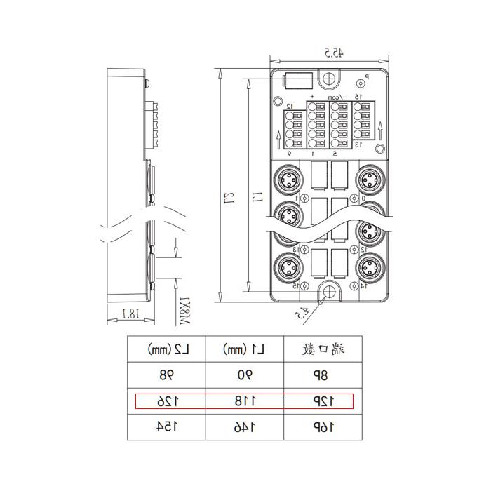 M8分线盒、单通道、PNP、12端口分体式、带LED 、带顶盖和电缆 、23PT12